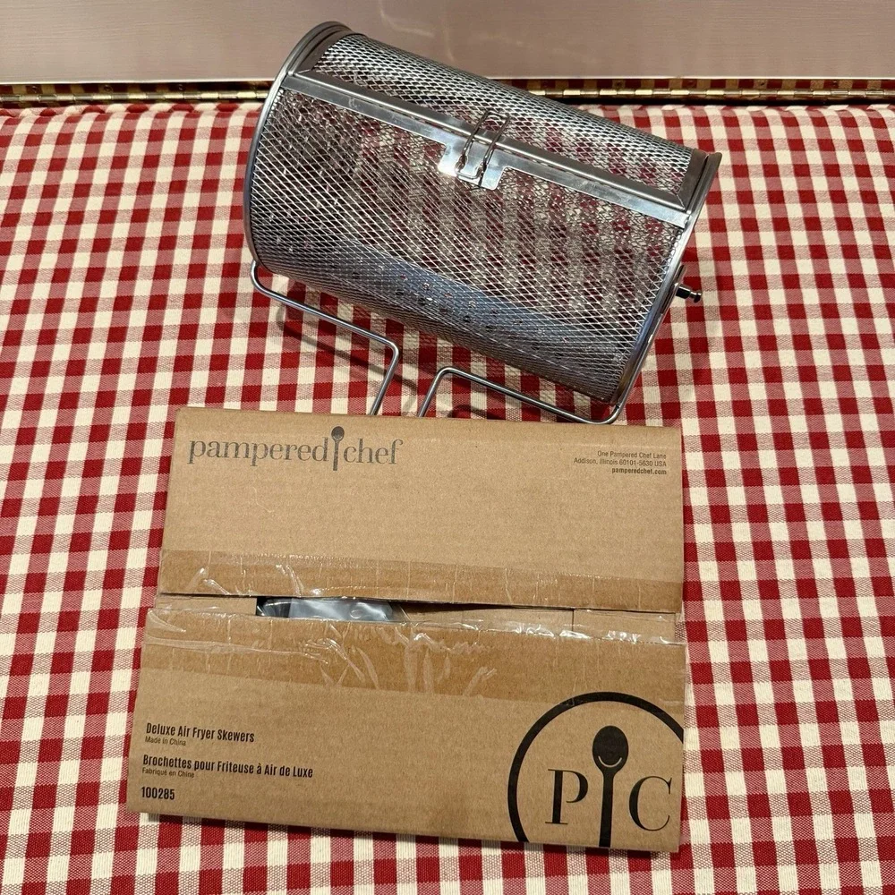 Pampered Chef Deluxe Air Fryer Skewers Basket/Drum Set Metal Silver 100285